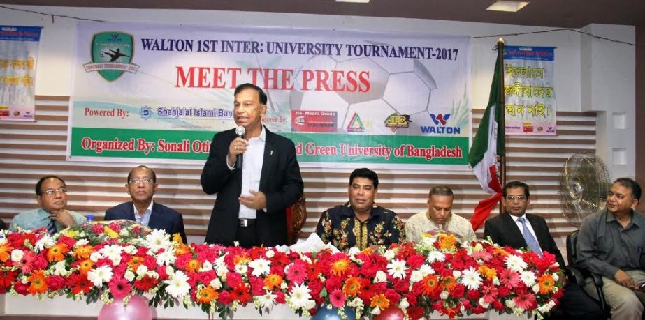 Secretary of Youth and Sports of Bangladesh Awami League Harunur Rashid addressing a press conference at the conference room of National Sports Council on Wednesday.