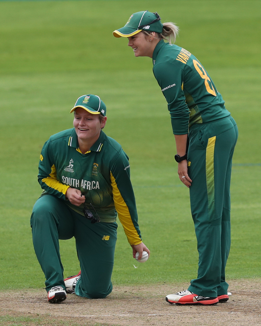 Dane van Niekerk and Lizelle Lee have a laugh after the latter took a few tumbles at point during the Women's World Cup between South Africa Women and Sri Lanka Women at Taunton on Wednesday.