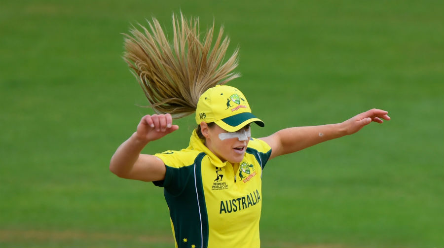 Ellyse Perry in a boisterous mood during the Women's World Cup between Australia and India at Bristol on Wednesday.