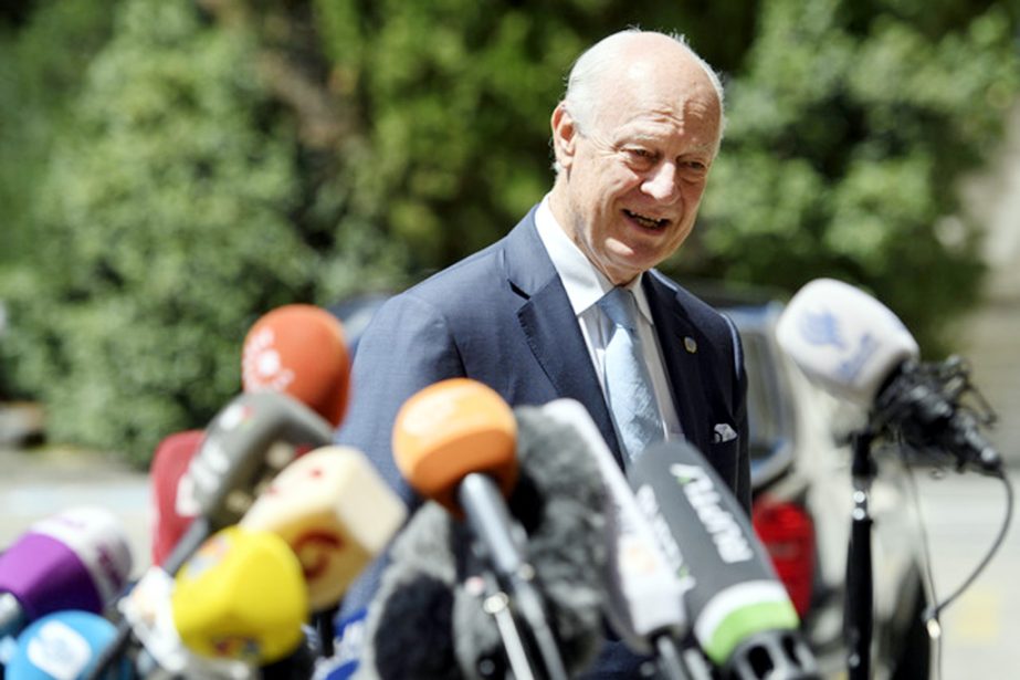 UN Special Envoy of the Secretary-General for Syria Staffan de Mistura, speaks to the media after a round of negotiations with Syrian government delegation, at the European headquarters of the United Nations in Geneva, Switzerland.