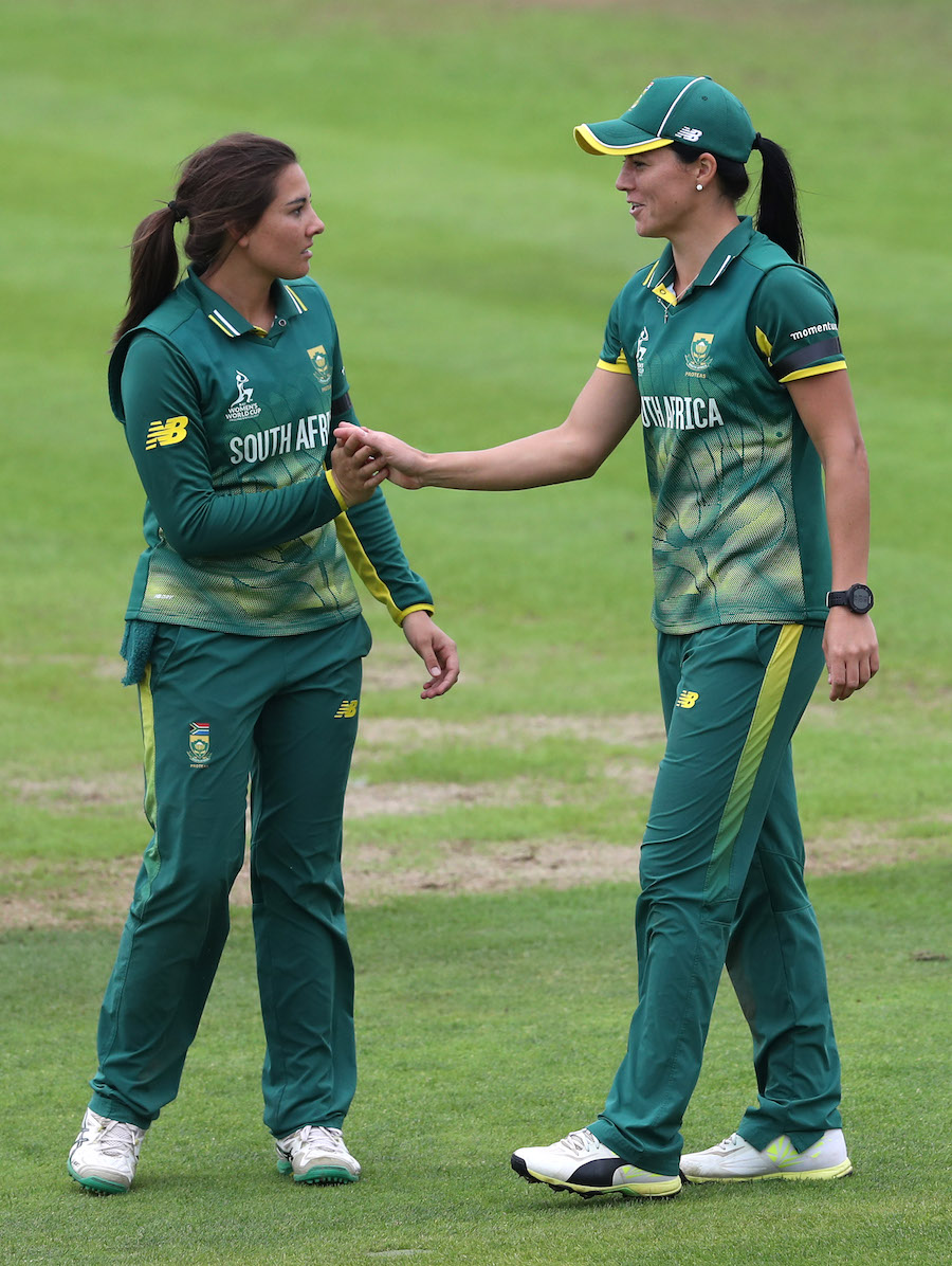 Sunne Luss (L) and Marizanne Kapp of South Africa celebrate the wicket of Nicole Bolton of Australia during The ICC Women's World Cup 2017 match between South Africa and Australia at the County Ground in Taunton, England on Saturday.