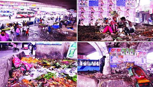 WHOSE JOB IS MAINTAINING THESE OPEN SPACES BENEATH FLYOVERS? The pictures (clockwise) taken on Saturday show a mango market illegally sprang up, three persons including a woman taking drugs, a man urinating and garbages piled up on the open spaces beneath