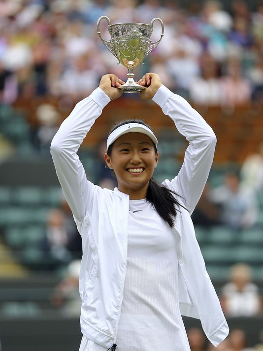 Claire Liu of the United States celebrates winning the Girls Singles final match against compatriot Ann Li on day twelve at the Wimbledon Tennis Championships in London on Saturday.