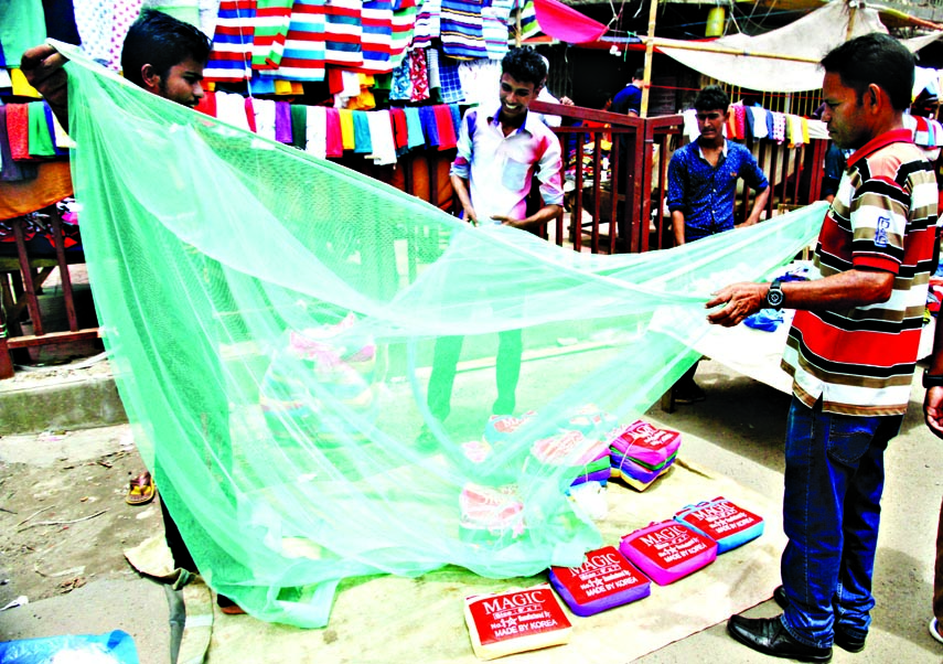 Mosquito curtains being sold extensively for the cause of Chikungunya. The snap was taken from the city's Bangabandhu Avenue on Monday.