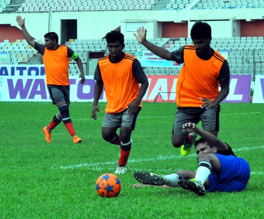A view of the match of Walton 1st Inter-University Football Tournament between Southern University of Chittagong and Bangladesh Textile University at the Bangabandhu National Stadium on Tuesday.