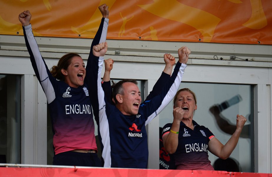 Members of the England side celebrate victory during the ICC Women's World Cup 2017 Semi-Final match against South Africa at the County Ground in Bristol, England on Tuesday.