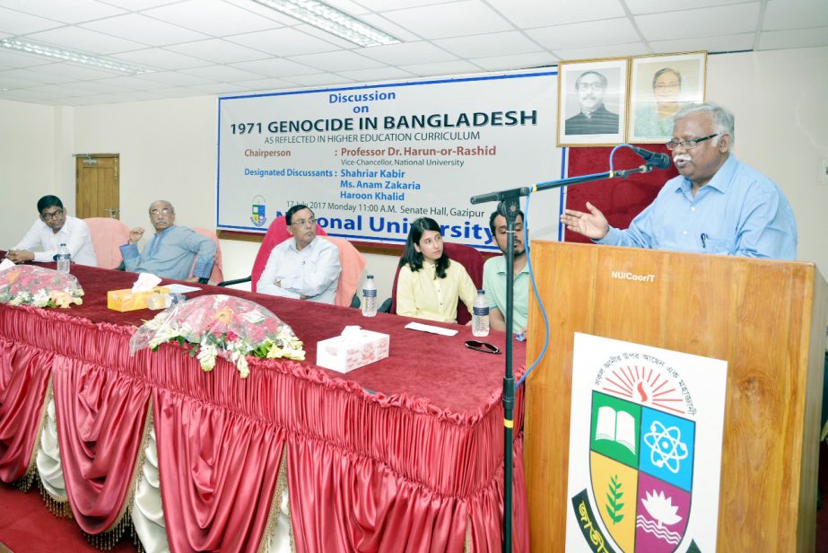 Vice-Chancellor of National University Prof Dr Harun-or-Rashid addressing a discussion meeting on '1971 Genocide in Bangladesh As Reflected in Higher Education Curriculum' held on Monday at the Senate Hall of National University .