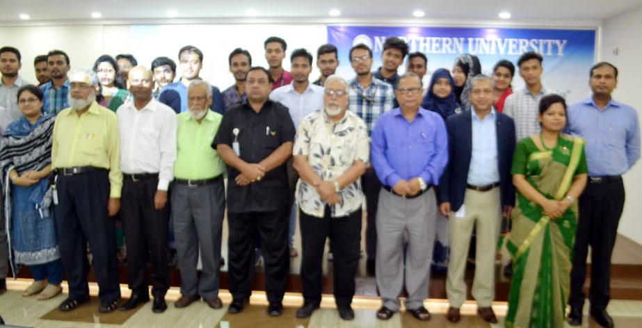 Dr Riad Mamun Prodhani, Country Head, Pharmaceuticals Division of Novartis (Bangladesh) Ltd is seen among others in a seminar on employment opportunities in the pharmaceutical industry at Northern University Bangladesh campus recently.