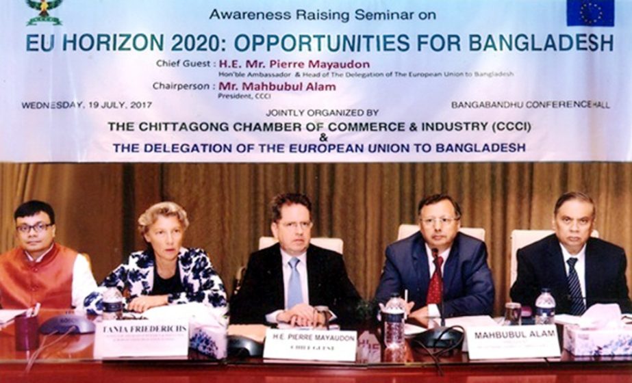 Mahbubul Alam, President, Chittagong Chamber of Commerce and Industry (MCCI) addressing a seminar on ''EU Horizon 2020: Opportunities for Bangladesh'' at the CCCI Conference Hall on Wednesday .