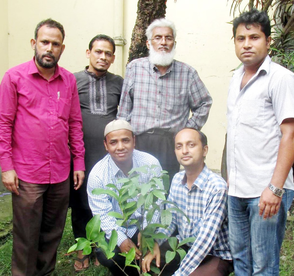 In observance of the National Tree Plantation Programme , Ex-students of Azizur Rahman Homeopathic Medical College and Hospital planting a sapling of fruit bearing trees at college premises yesterday.