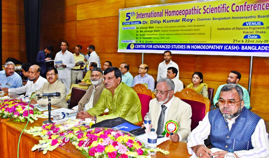Chairman of Bangladesh Homeopathic Board Dr Dilip Kumar Roy speaking at the 5th International Homeopathic Scientific Conference at IDEB Auditorium in the city on Friday.
