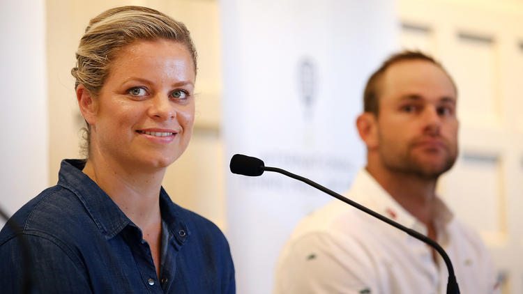 Tennis Hall of Fame inductees Kim Clijsters and Andy Roddick look on during a news conference before enshrinement ceremonies at the International Tennis Hall of Fame in Newport, R.I. on Saturday.