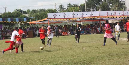 A moment of the final match of Begum Rokeya Women Football tournament between Women & Gender Studies and Bangla Department at the Begum Rokeya University in Rangpur on Monday.