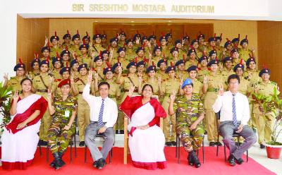 FENI: Students of Feni Girls' Cadet College showing V-sign after HSC result on Sunday.