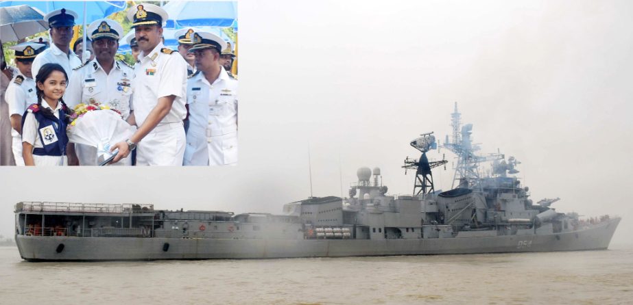 Navy officials of Bangladesh greeting Indian Navy officers after arrival of Indian Warship 'INS Ranvir 'at Chittagong Sea Port yesterday.