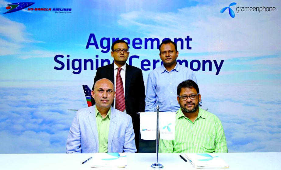 Saurav Prakash Khare, Head of Product Department of Grameenphone and Sohail Majid, Deputy Director (Sales and Marketing) of US-Bangla Airlines, signed an agreement documents at GP House in the city recently.
