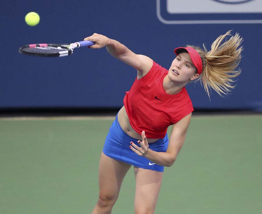 Canada's Genie Bouchard serves to Venus Williams in a special women's exhibition match at the BB&T Atlanta Open Tournament in Atlanta on Sunday.