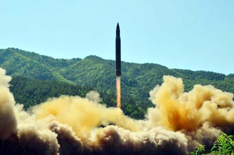 North Korea's official Korean Central News Agency (KCNA) on July 5, 2017 shows the successful test-fire of the intercontinental ballistic missile Hwasong-14 at an undisclosed location.