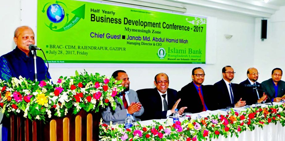 Md Abdul Hamid Miah, Managing Director of Islami Bank Bangladesh Limited, addressing the 'Business Development Conference of Mymensingh Zone' on Friday at BRAC-CDM auditorium in Gazipur.