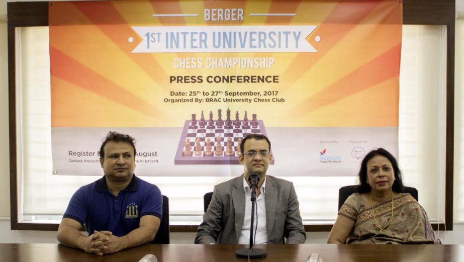 AKM Sadeque Nawaj, General Manager (Marketing), Berger Paints Bangladesh Ltd, Lady Syeda Sarwat Abed, Director, BRAC Institute of Languages, BRAC University and Niaz Murshed, the first Grandmaster from South Asia are seen at a press conference on Thursday