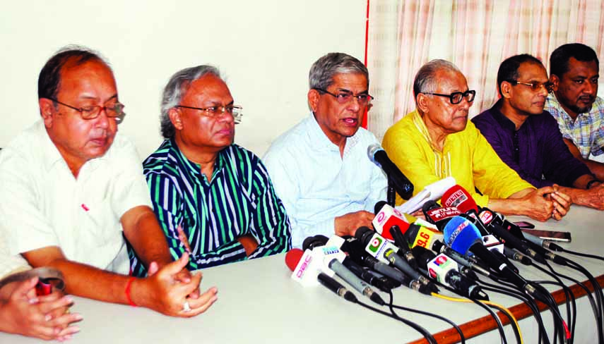 BNP Secretary General Mirza Fakhrul Islam Alamgir speaking at a press conference at the party central office in the city's Nayapalton on Sunday in protest against false report on BNP Chairperson Begum Khaleda Zia's meeting with Pakistani Detective Agenc