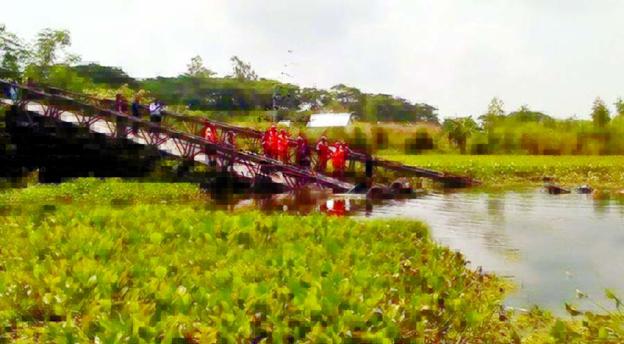 Bailey bridge with two potato laden trucks was broken down on the river on Muktarpur-Mawa Road at Tongibari in Manikganj-halted both sides of passengers. This photo was taken on Monday.
