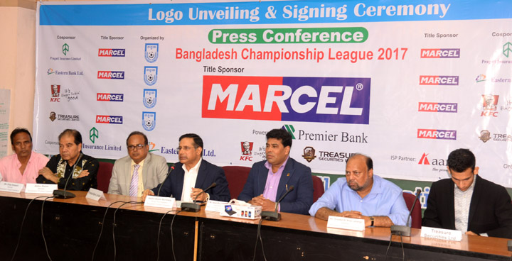 Senior Vice-President of Bangladesh Football Federation (BFF) and Chairman of the Professional Football League Committee Abdus Salam Murshedy speaking at a press conference at the conference room of BFF House on Tuesday.