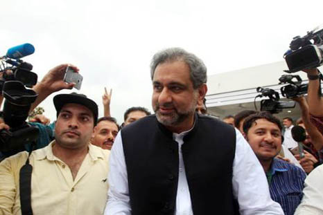 Pakistan's former Petroleum Minister and Prime Minister designate Shahid Khaqan Abbasi arrives to attend the National Assembly session in Islamabad.