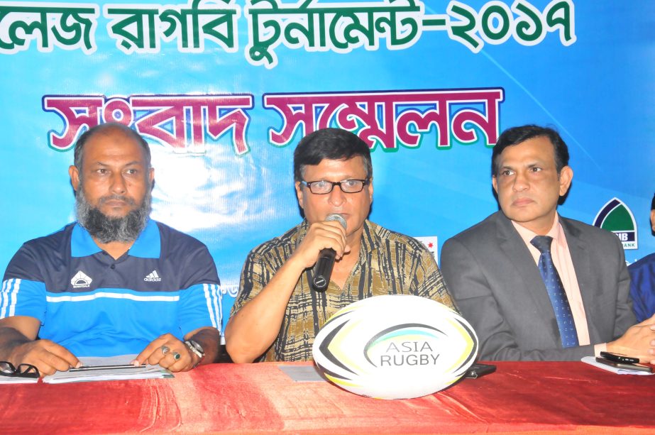 General Secretary of Bangladesh Rugby Union Mousum Ali speaking at a press conference at the Shaheed (Captain) M Mansur Ali National Handball Stadium on Wednesday.