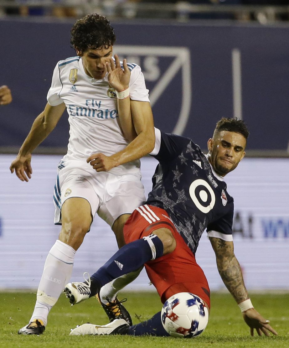 MLS All-Stars' Dom Dwyer (right) controls the ball against Real Madrid's Jesus Vallejo during the second half of the MLS All-Star Game on Wednesday in Chicago. Real Madrid won 4-2 in a penalty shootout.