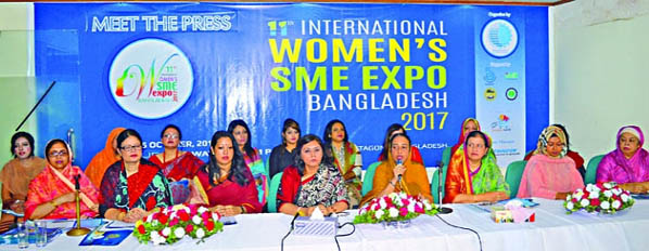 Director of Chittagong Women Chamber and Convener of the Expo Committee Rebeka Nasrin addressing a press conference on upcoming 11th month-long International Women's SME Expo Bangladesh at CWCCI seminar hall on Monday.