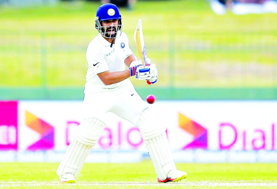 India's Ajinkya Rahane reacts after playing a shot during their second cricket test match against Sri Lanka in Colombo, Sri Lanka on Friday.