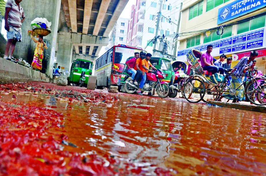 A busy main thoroughfare at Malibagh is in appalling situation as big pothole being developed with muddy waters beneath the flyover amid narrow space, causing untold sufferings to commuters and city dwellers. This photo was taken on Friday.