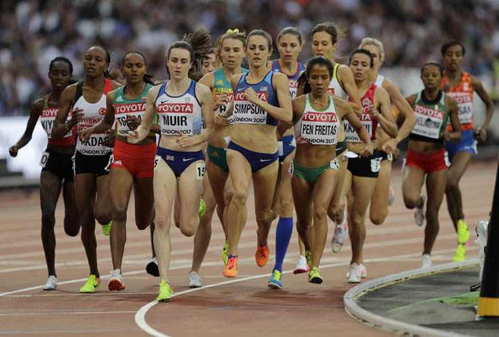 United States' Jennifer Simpson (center) competes in a Women's 1500 meters heat during the World Athletics Championships in London on Friday.