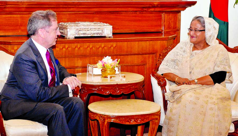 Ambassador of European Union Pierre Mayaudon makes a courtesy call on Prime Minister Sheikh Hasina at her office on Sunday. PID photo