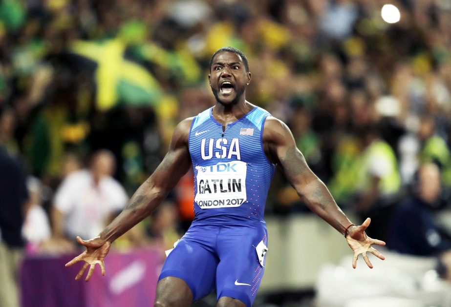 United States' Justin Gatlin celebrates after crossing the line to win the gold medal in the Men's 100m final during the World Athletics Championships in London on Saturday.