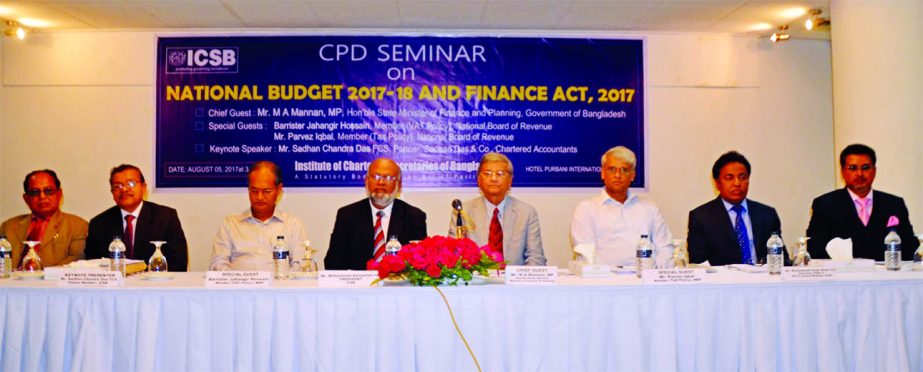 ICSB organized a CPD seminar on 'National Budget 2017-18 and Finance Act, 2017' at a city hotel on Saturday where State Minister for Finance and Planning Ministry MA Mannan, MP, took place as chief guest. Barrister Jahangir Hossain, Member (VAT Policy),