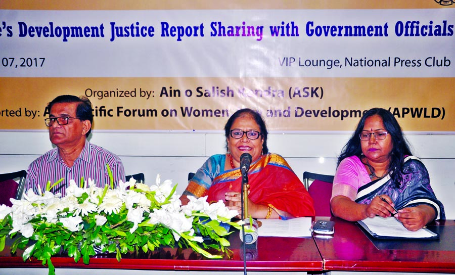 Executive Director of Ain O Salish Kemdra (ASK) Sheepa Hafiza speaking at a programme on 'People's Development Justice Report Sharing with Government Officials' organised by ASK at the Jatiya Press Club on Monday.