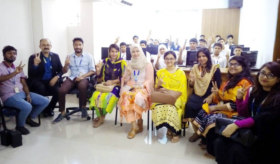 Members of Kids Entrepreneurship Club of Daffodil International School pose for a photograph along with distinguished guests at the launching ceremony of the Club held at the School's Dhanmondi main campus on Saturday.