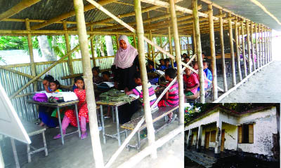 KHULNA: Students of Arjuna Balardhana Government Primary School in Arjuna at Terokhada Upazila attending classes in a tin-shed as the main school(inset) building was declared abandoned ten years ago. This picturre was taken on Wednesday.