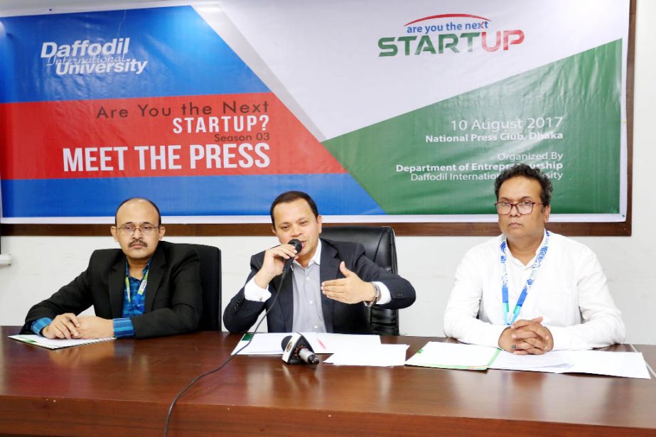 Md. Sabur Khan, Chairman, Board of Trustees, Daffodil International University addressing a 'Meet the Press' on developing 500 new entrepreneurs held at the National Press Club in the capital on Thursday.