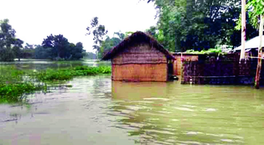 Some villages were submerged due to onrush of hilly waters and incessant rains at Lalmanirhat. This photo was taken from Patgram on Friday.