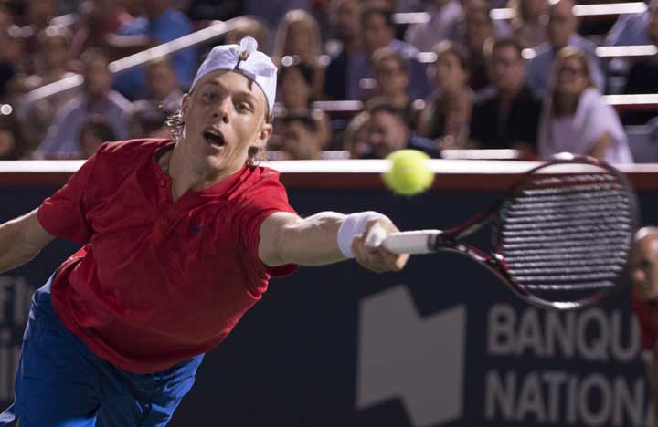 Denis Shapovalov of Canada reaches to return a shot from Rafael Nadal of Spain at the Rogers Cup tennis tournament in Montreal on Thursday.