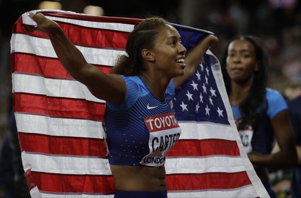 United States' Kori celebrates after winning the gold medal in the Women's 400m hurdles final during the World Athletics Championships in London on Thursday.