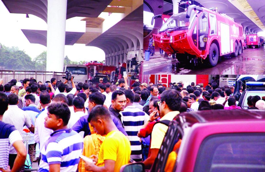 The fire that broke out at the terminal building of Hazrat Shahjalal International Airport on Friday afternoon. Firefighting units with modern equipment (inset) doused the flame. No casualties were reported.