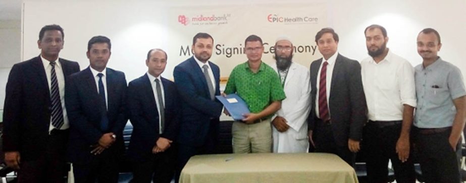 Executive Director(Sales & Marketing) TM Hannan of Epic Healthcare a World Class diagnostic Centre in Chittagong Sign an agreement on august-08 with Midland Bank Ltd. to provide health care service. Vice President & Chief of Chittagong Chapter Mohammed S