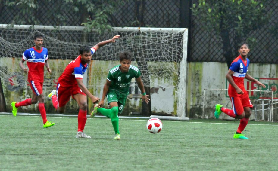 A view of the match of the Marcel Bangladesh Championship League Football between Bangladesh Police Football Club and Nofel Sporting Club at the Bir Shreshtha Shaheed Sepoy Mohammad Mostafa Kamal Stadium in Kamalapur on Saturday.