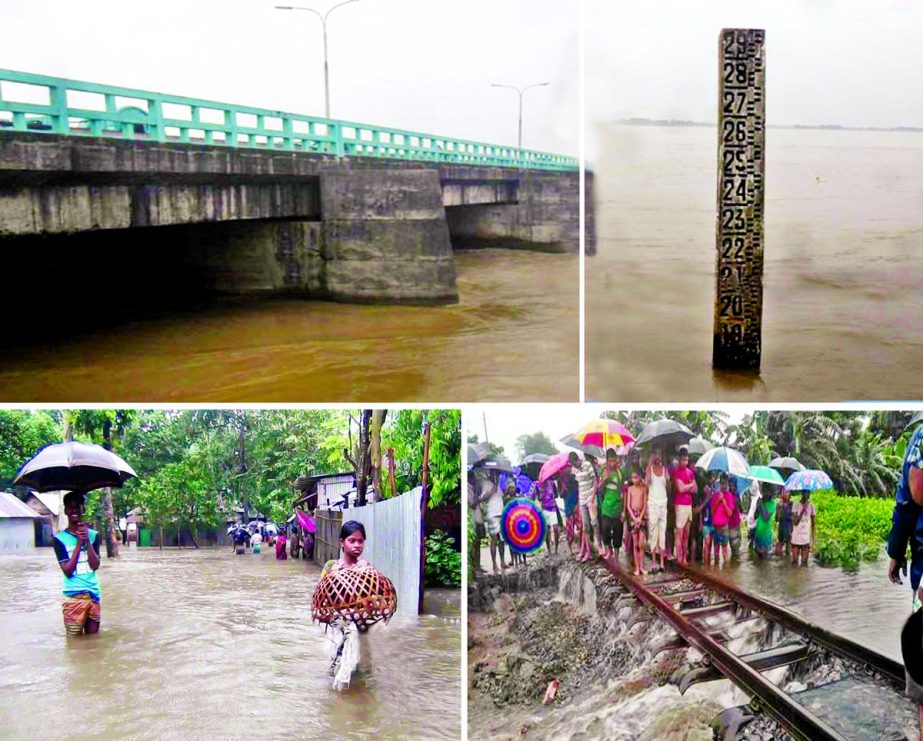 The flood by-pass road on the Teesta Barrage broke down due to opening of 54 Sluice Gates of Gajoldoba Barrage in India coupled with heavy rains and onrush of waters from hills. Panchagarh Sadar and other nearby areas over flooded (bottom left) and Railwa