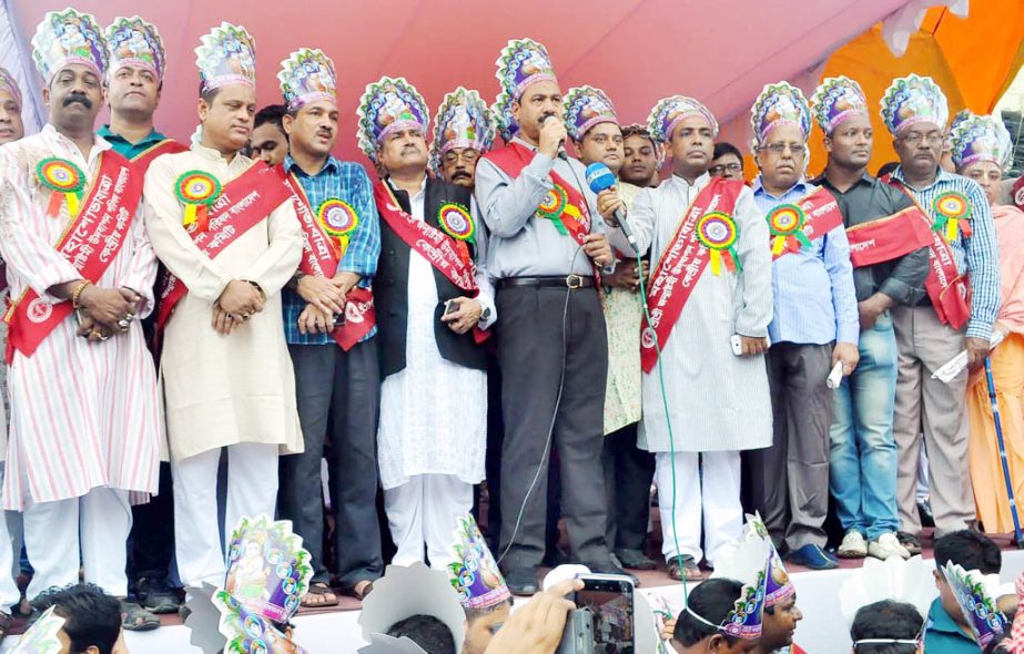 CCC Mayor A J M Nasir Uddin addressing the inauguration programme of Janmastami's rally in the Port City yesterday.