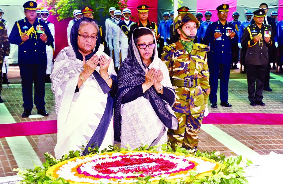 Prime Minister Sheikh Hasina and Sheikh Rehana offering Doa & Munajat after placing wreaths on the Mazar of Bangabandhu Sheikh Mujibur Rahman at Tungipara marking the 42nd National Mourning Day on Tuesday.